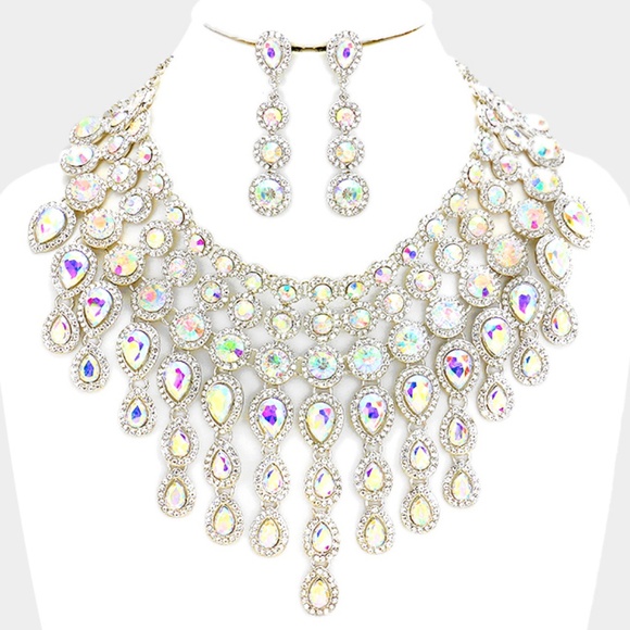 Silver and Abalone Crystals Choker Necklace Set Waterfall Statement Jewelry - Picture 2 of 2